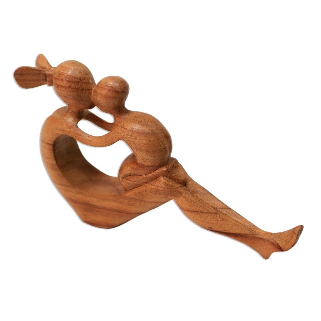 Natural Suar Wood Mother and child Sculpture from Bali - Her Love Will Never Fade