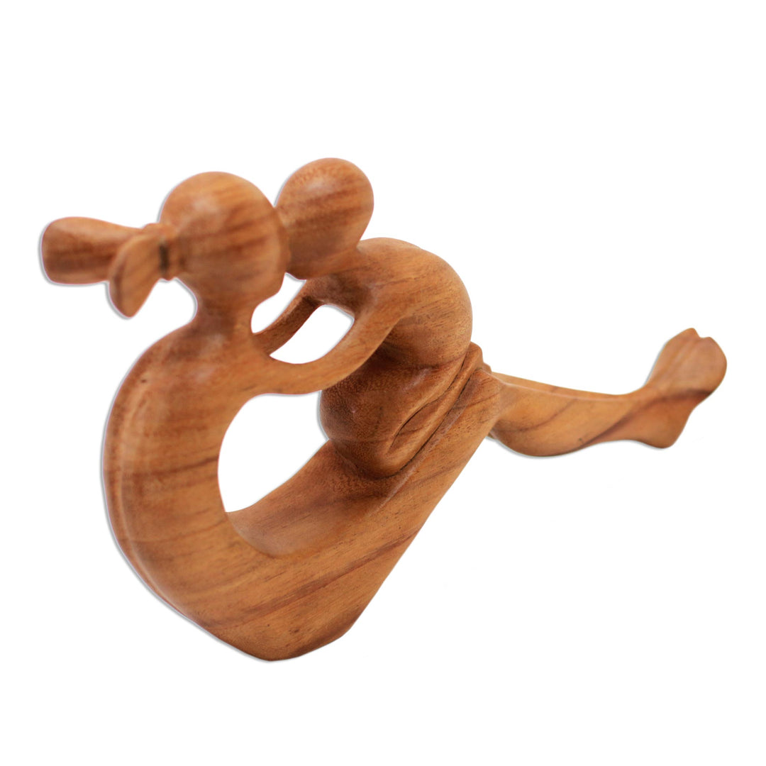 Natural Suar Wood Mother and child Sculpture from Bali - Her Love Will Never Fade