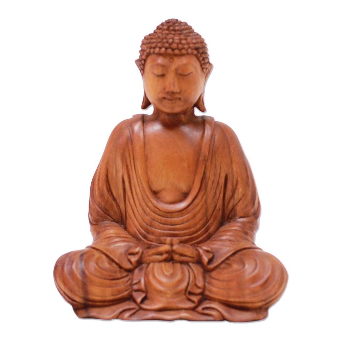 Hand-Carved Suar Wood Buddha Sculpture from Indonesia - Let Peace In