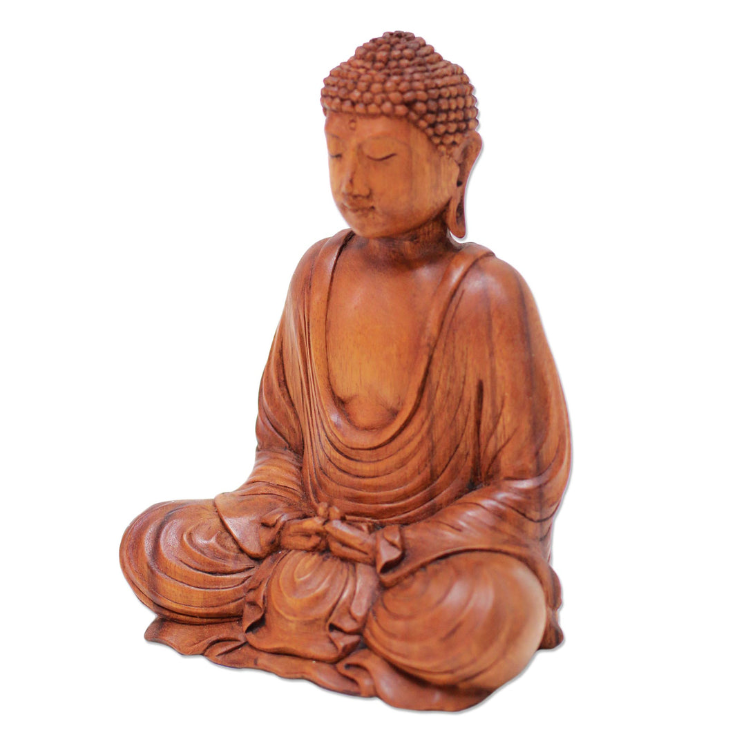 Hand-Carved Suar Wood Buddha Sculpture from Indonesia - Let Peace In