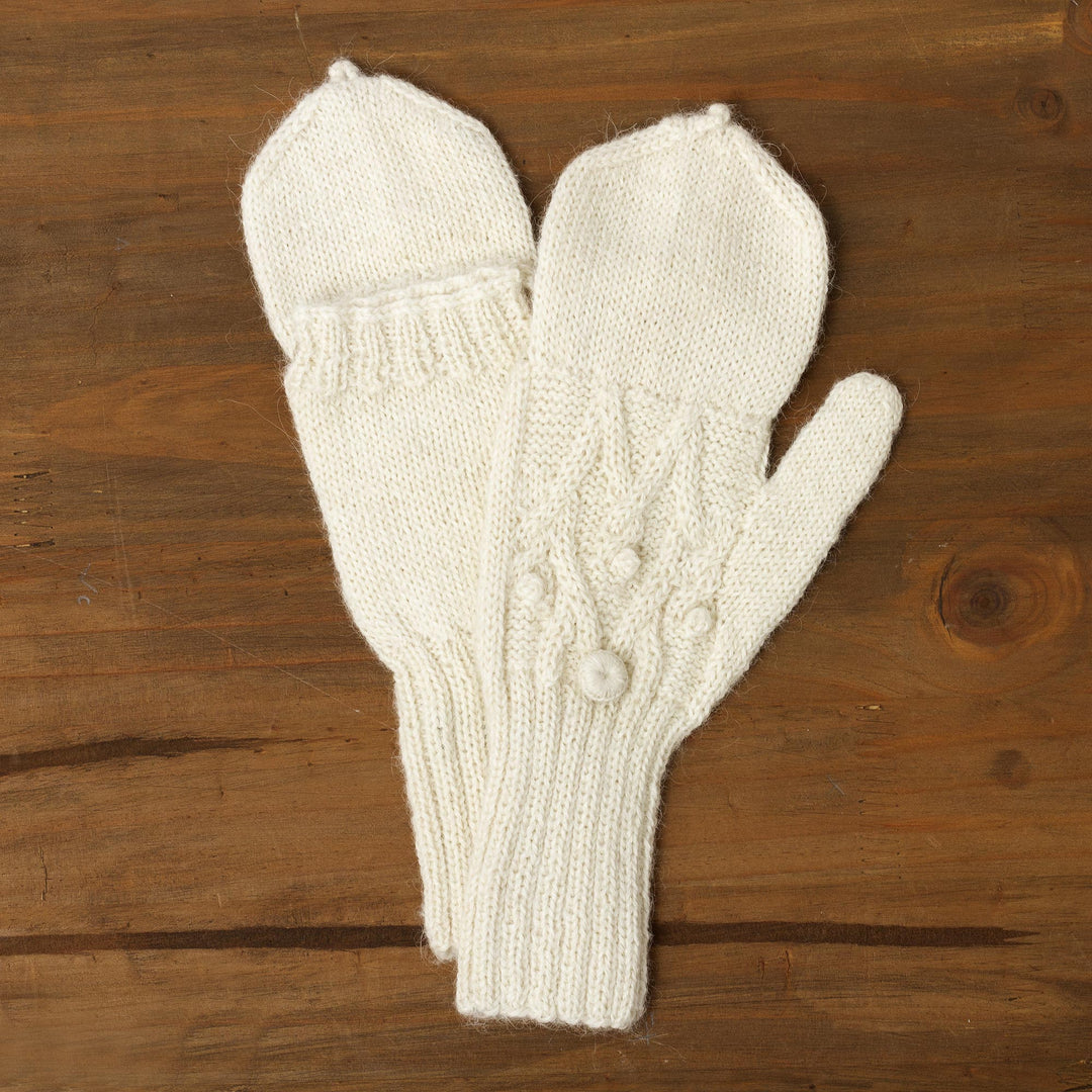 Diamond Pattern 100% Alpaca Mittens in Alabaster from Peru - Diamond Elegance in Alabaster