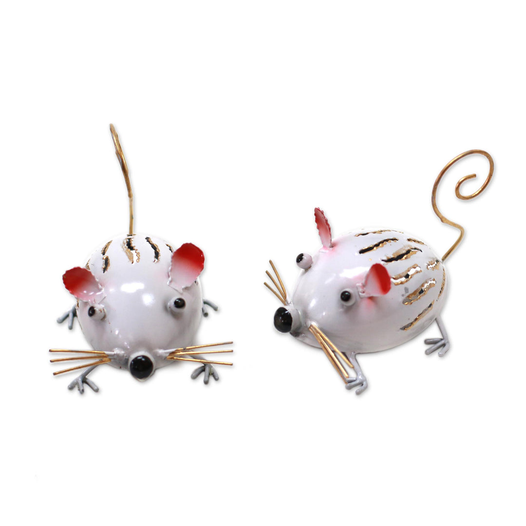 Handcrafted Steel Mice Decorative Accents from Bali (Pair) - White Mice