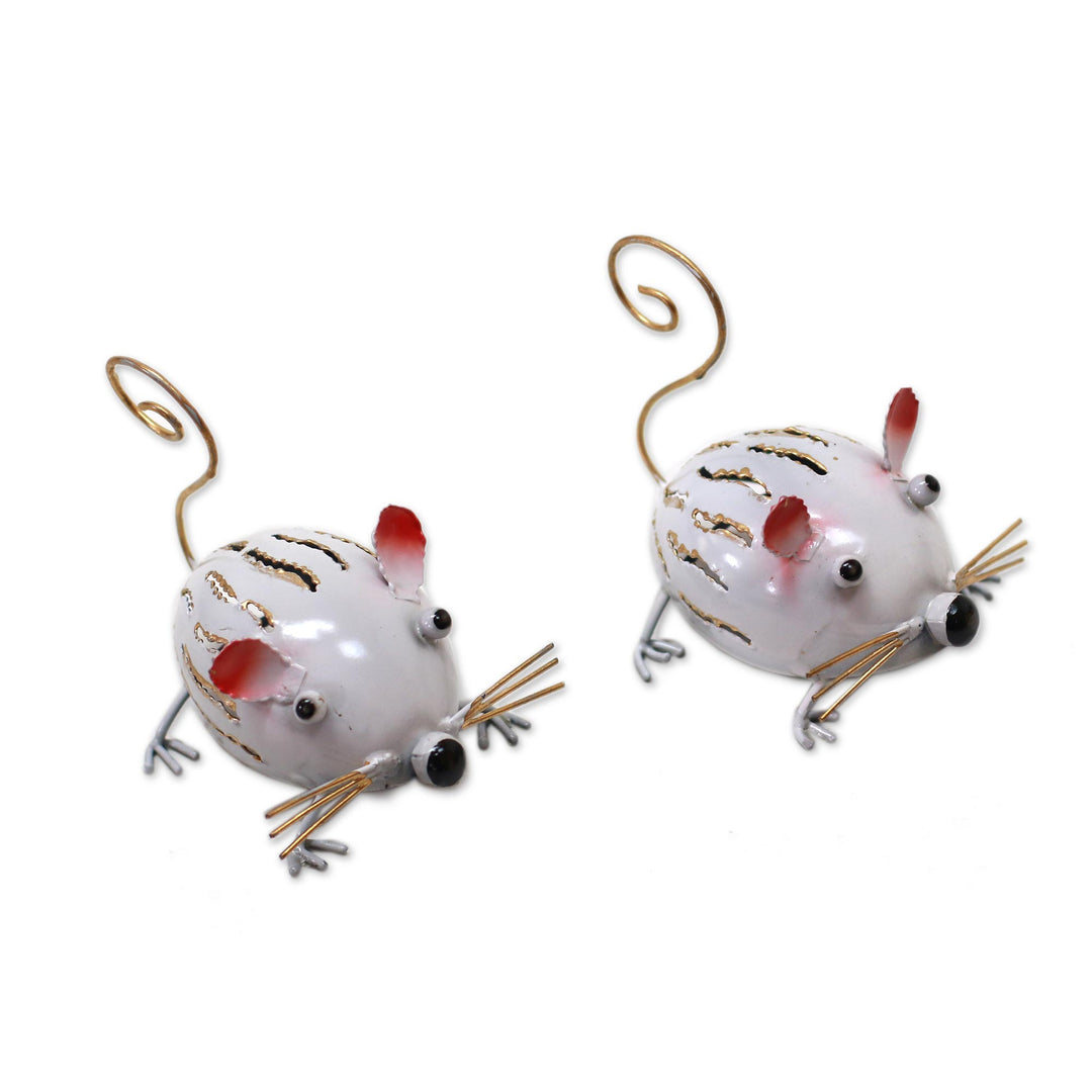 Handcrafted Steel Mice Decorative Accents from Bali (Pair) - White Mice