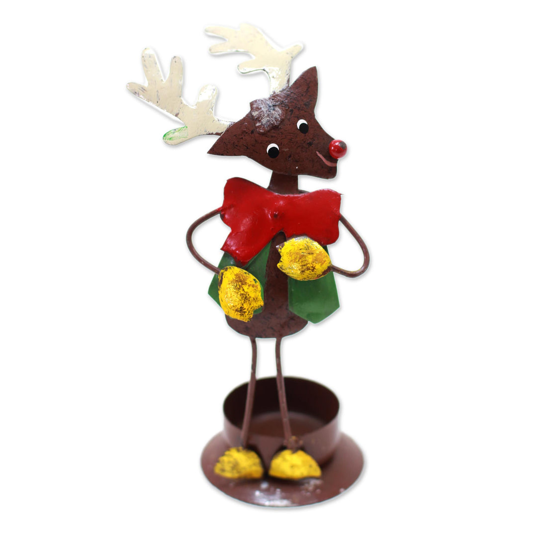 Handcrafted Steel Rudolph Tealight Holder from Bali - Dapper Reindeer