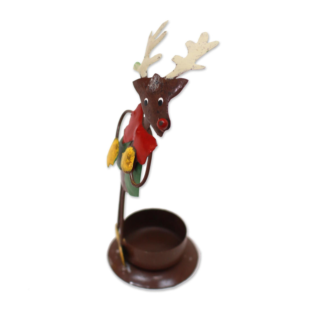 Handcrafted Steel Rudolph Tealight Holder from Bali - Dapper Reindeer