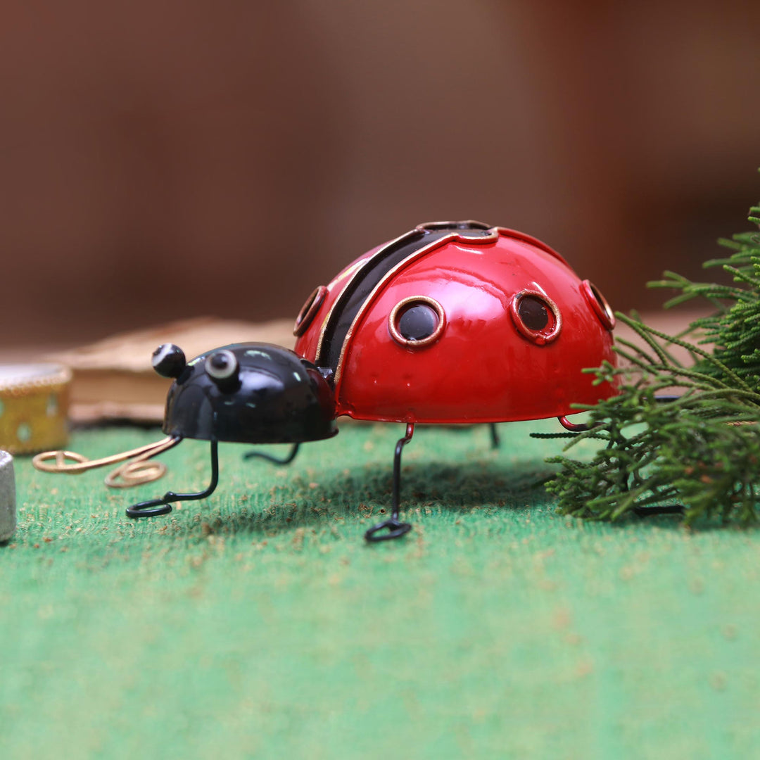 Handcrafted Steel Lady Bug Decorative Figurine from Bali - Charming Lady Bug