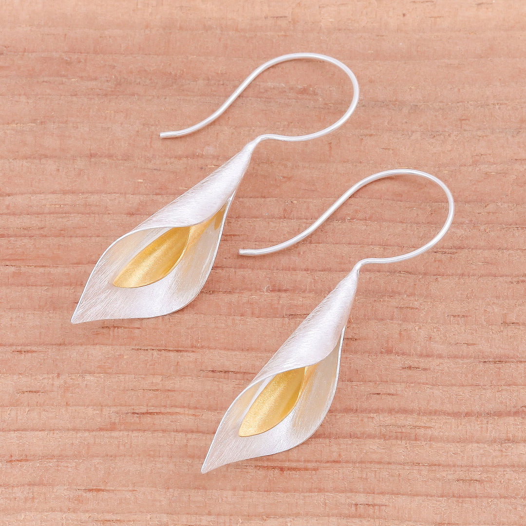 Floral Theme Handmade Gold Accented Sterling Silver Earrings - Serene Lily