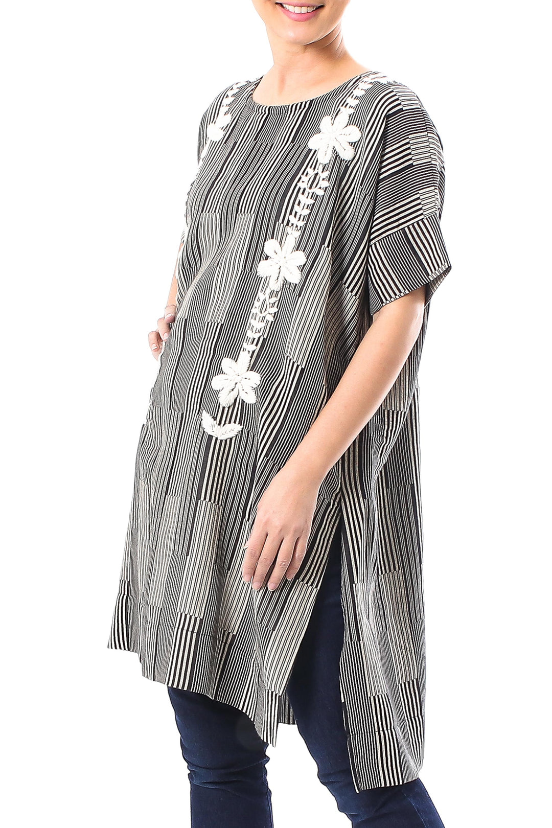 Black and Alabaster Floral Cotton Long Length Tunic - Floral Lattice