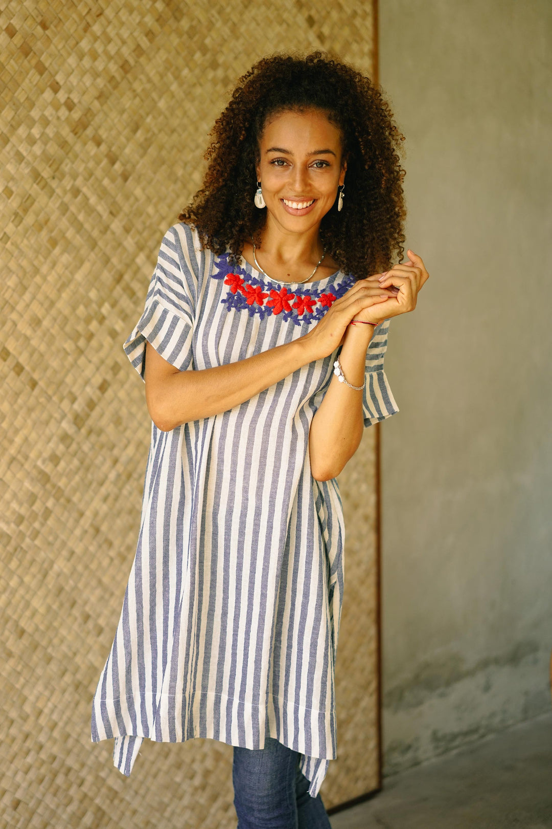 Floral Embroidered Striped Cotton Long Length Tunic - Sky Flora