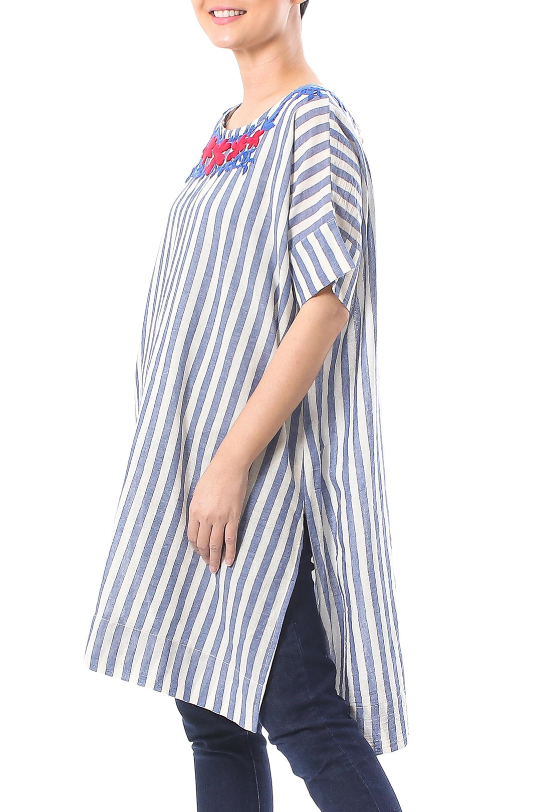 Floral Embroidered Striped Cotton Long Length Tunic - Sky Flora