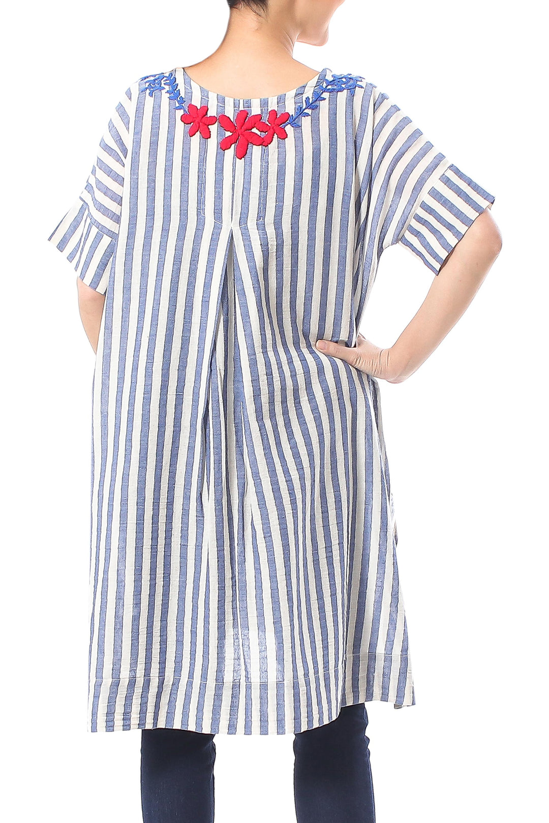 Floral Embroidered Striped Cotton Long Length Tunic - Sky Flora