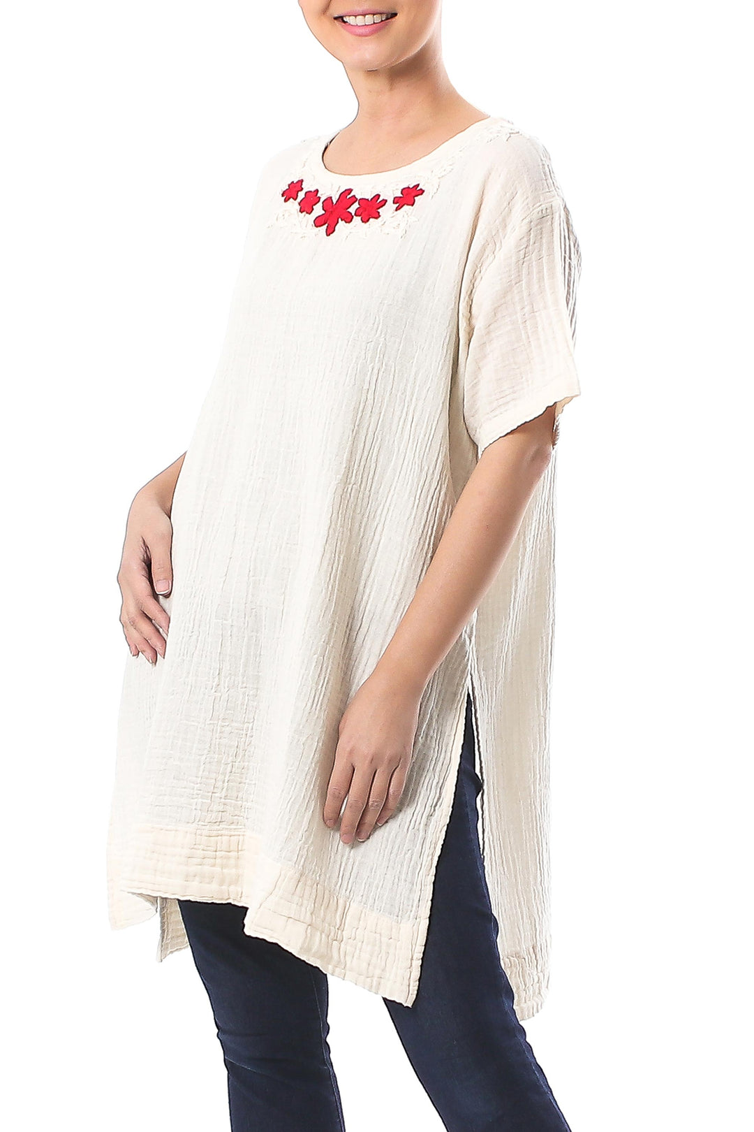 Floral Cotton Tunic in Alabaster from Thailand - Posy Bliss in Alabaster