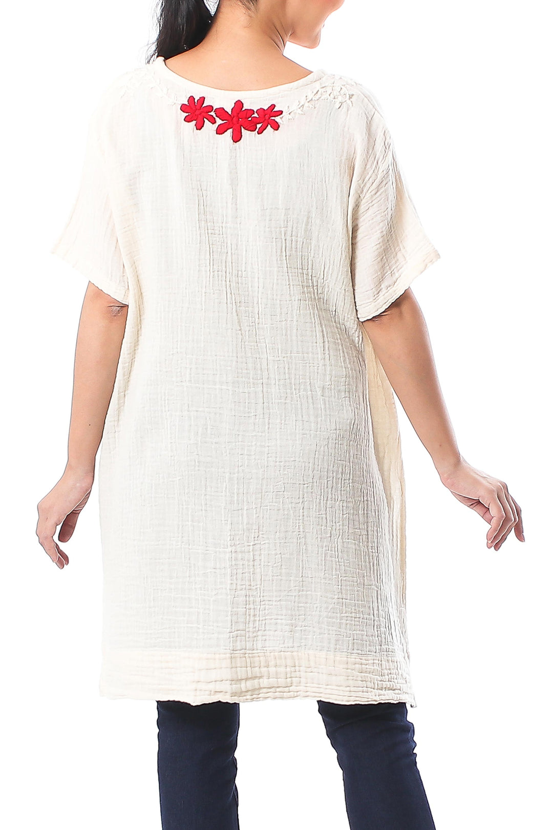 Floral Cotton Tunic in Alabaster from Thailand - Posy Bliss in Alabaster
