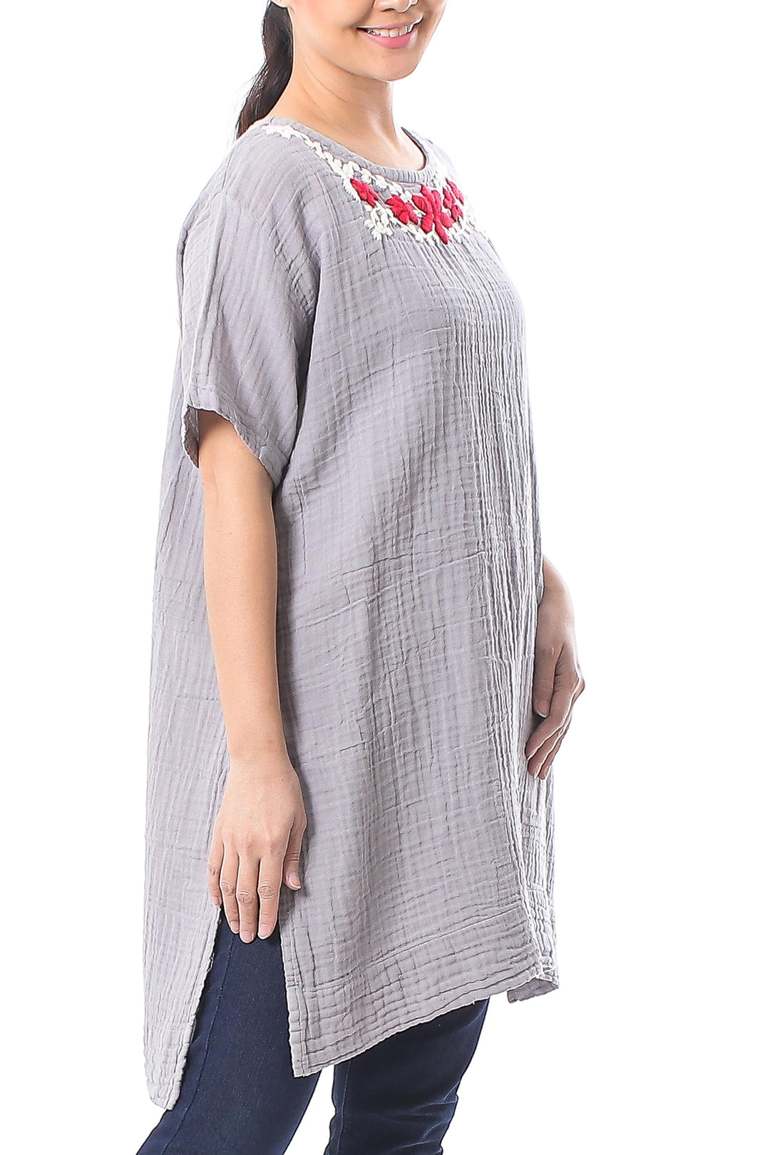 Floral Cotton Tunic in Ash from Thailand - Posy Bliss in Ash