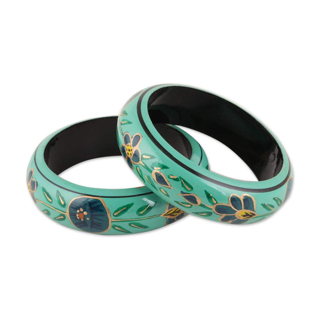 Floral Wood Bangle Bracelets in Viridian from India (Pair) - Floral Viridian