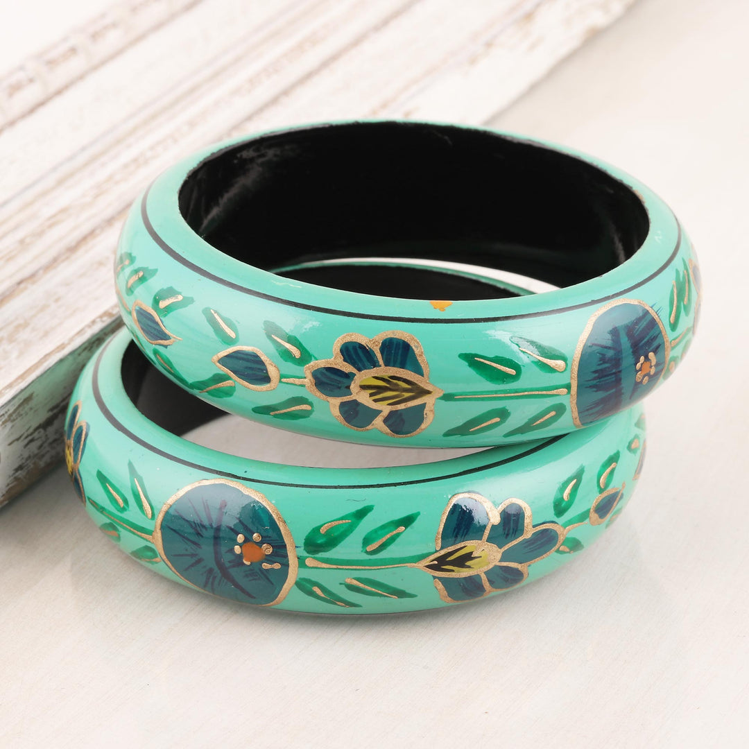 Floral Wood Bangle Bracelets in Viridian from India (Pair) - Floral Viridian