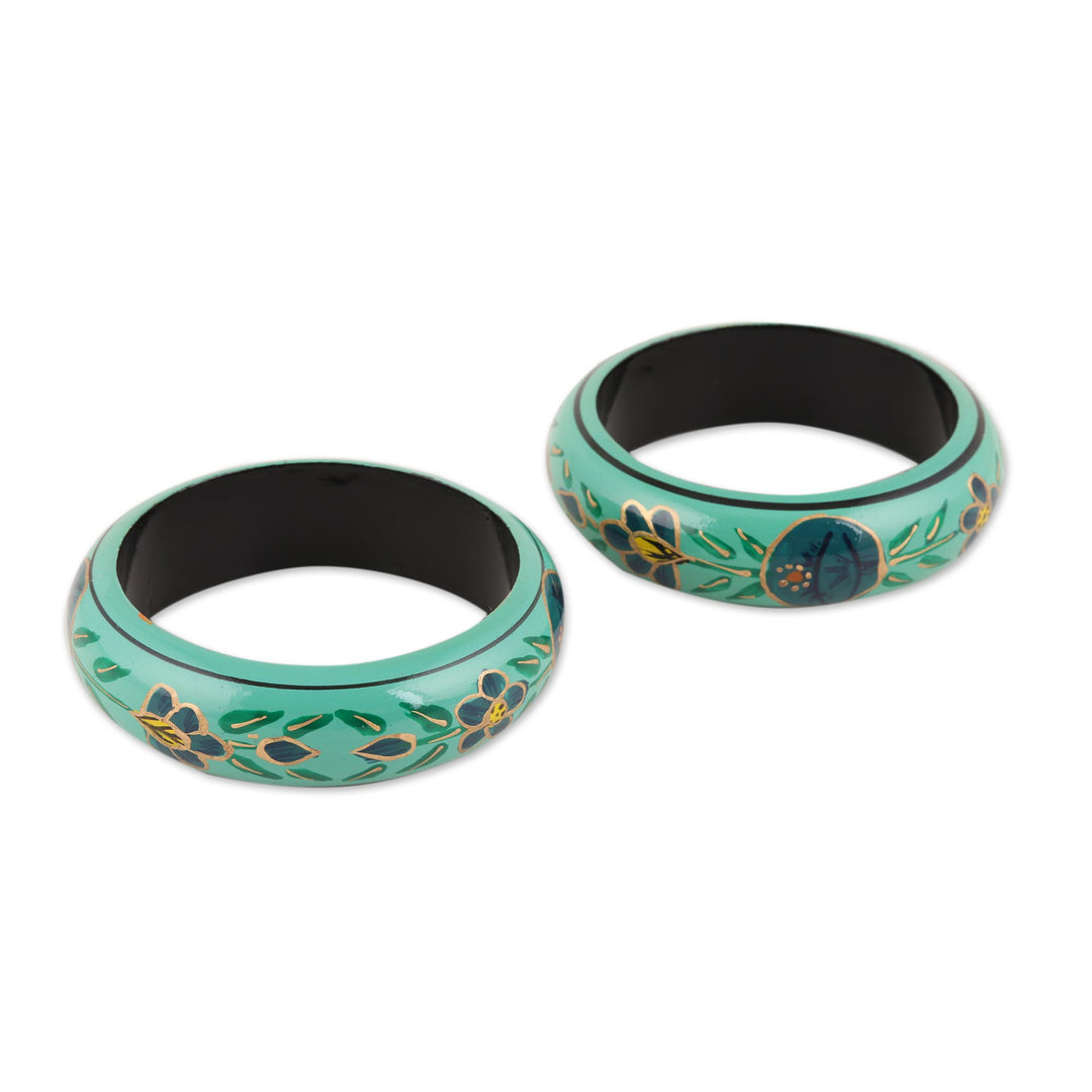 Floral Wood Bangle Bracelets in Viridian from India (Pair) - Floral Viridian