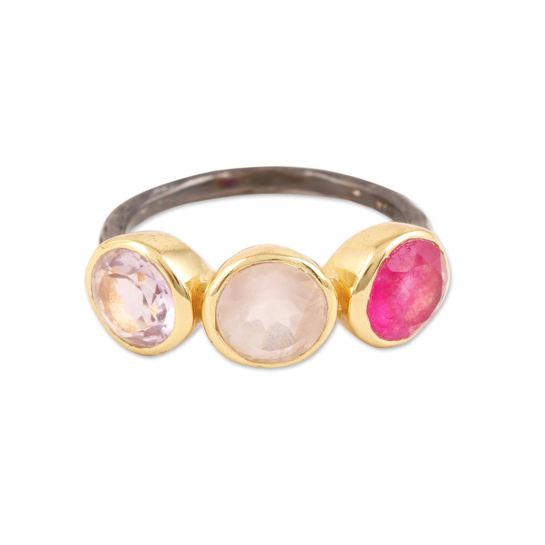 Gold Accent Amethyst & Rose Quartz Cocktail Ring from India - Pretty Trio