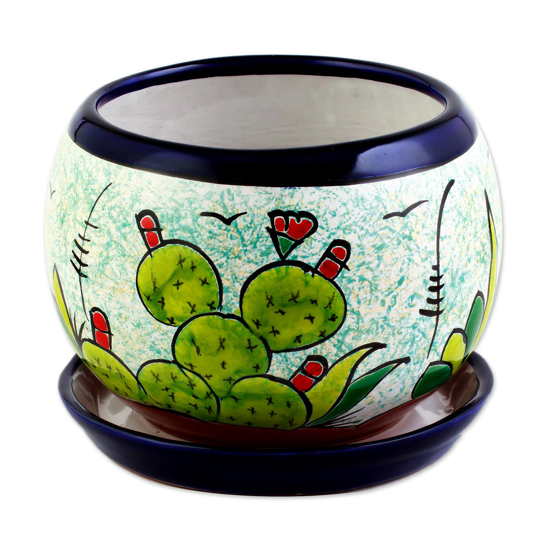 Handcrafted Ceramic Flower Pot with Cactus Images - Mexican Memories
