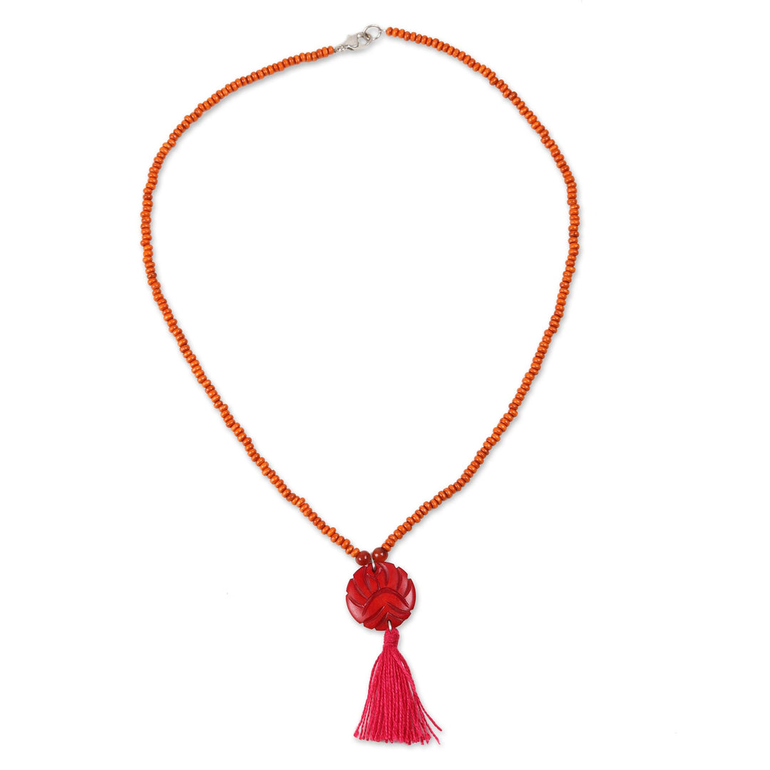 Wood Beaded Medallion Necklace in Red from India - Glorious Medallion