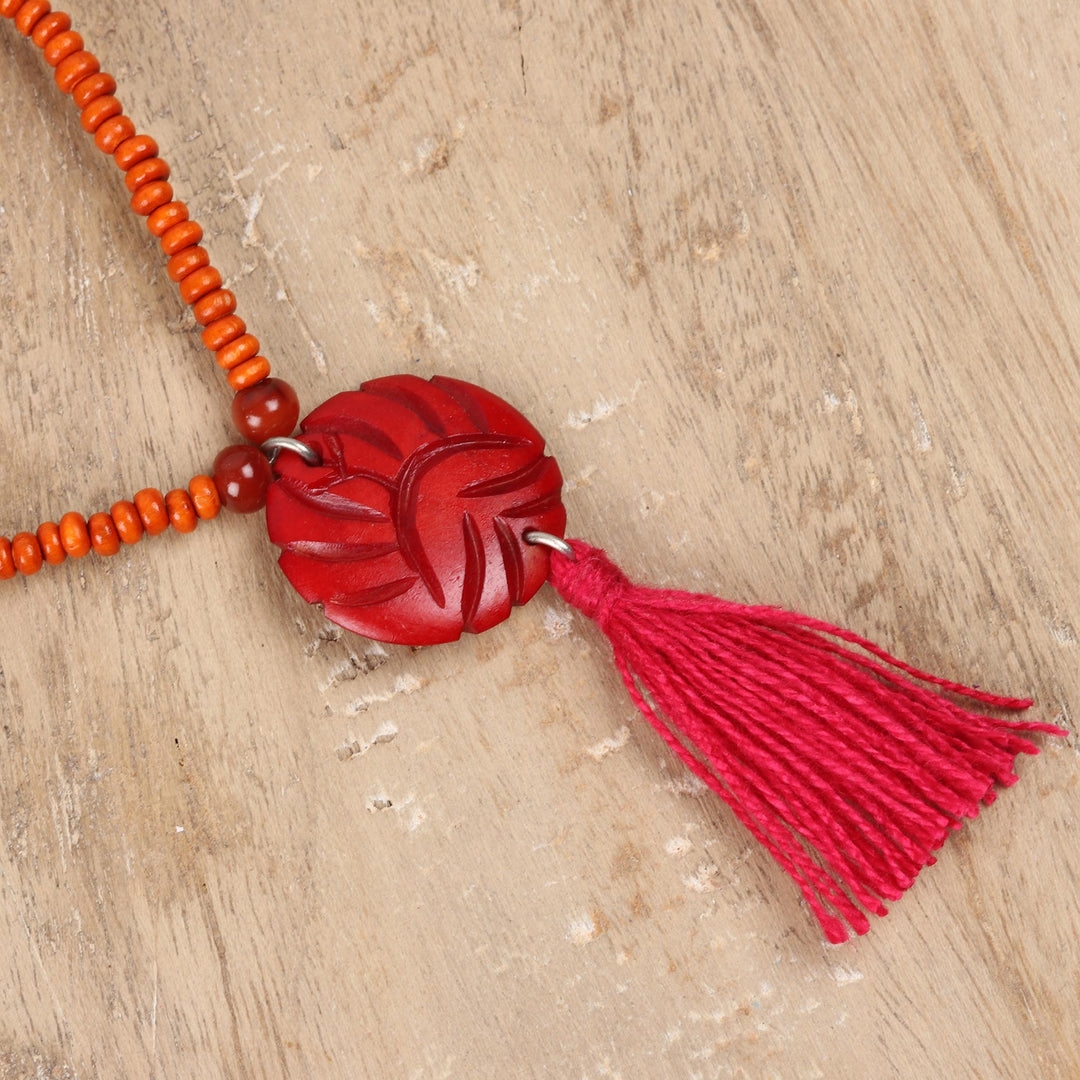 Wood Beaded Medallion Necklace in Red from India - Glorious Medallion