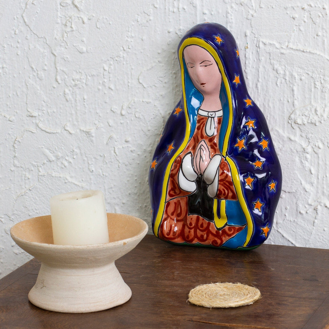 Hand-Painted Talavera-Style Ceramic Mary Wall Sculpture - Praying Mary