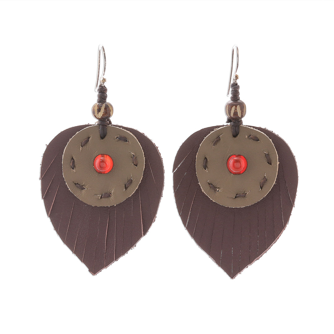Carnelian and Handcrafted Leather Dangle Earrings - Aurora Leaves