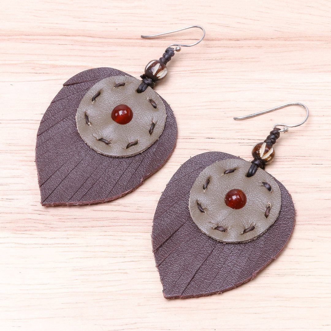 Carnelian and Handcrafted Leather Dangle Earrings - Aurora Leaves