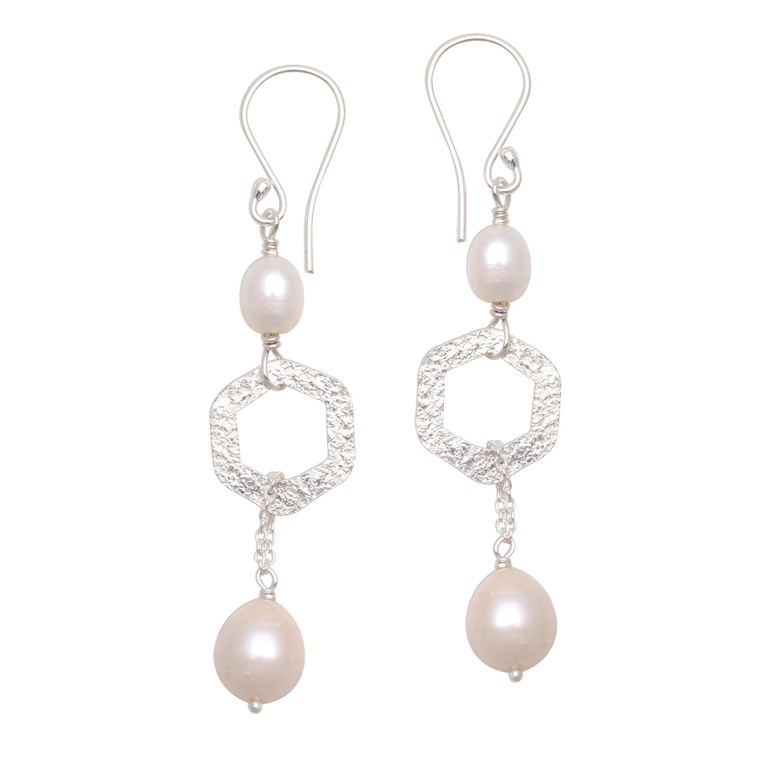 Hexagonal Cultured Pearl Dangle Earrings from Bali - Hexagon Glow