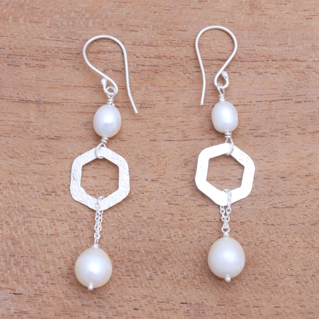 Hexagonal Cultured Pearl Dangle Earrings from Bali - Hexagon Glow