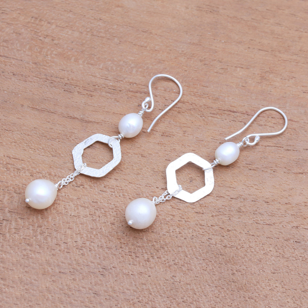 Hexagonal Cultured Pearl Dangle Earrings from Bali - Hexagon Glow
