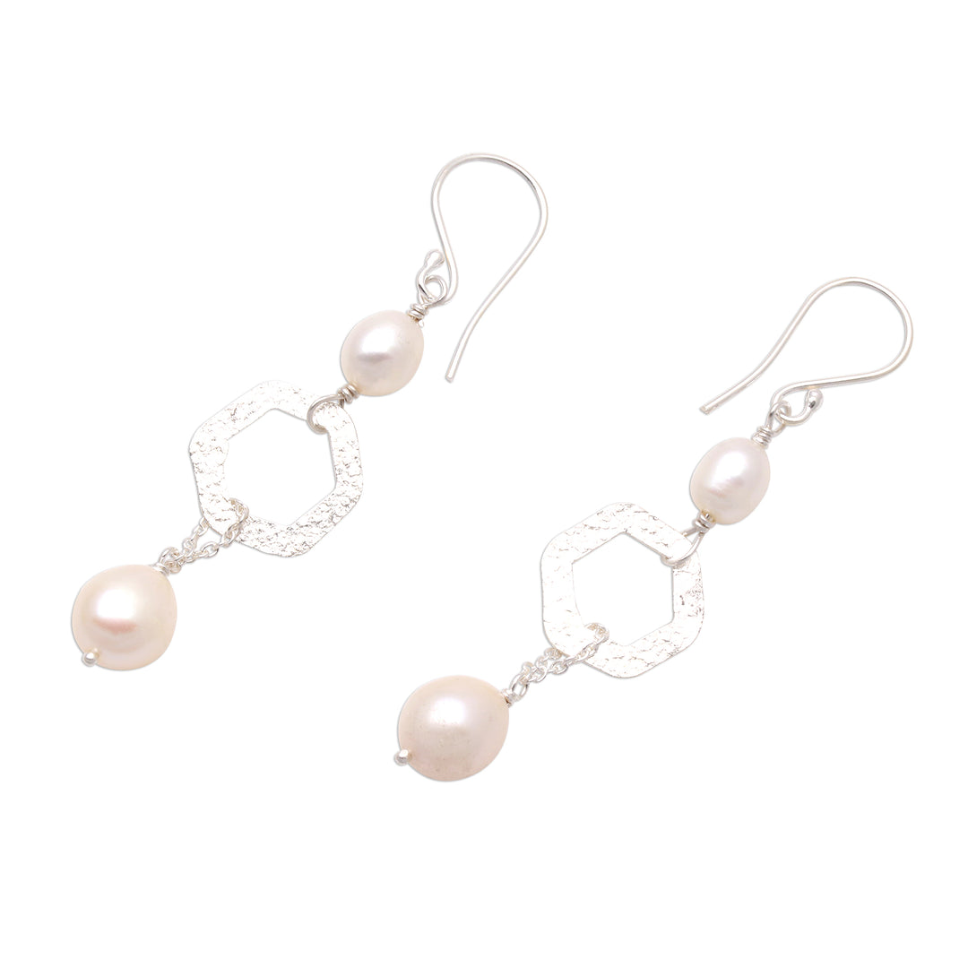 Hexagonal Cultured Pearl Dangle Earrings from Bali - Hexagon Glow