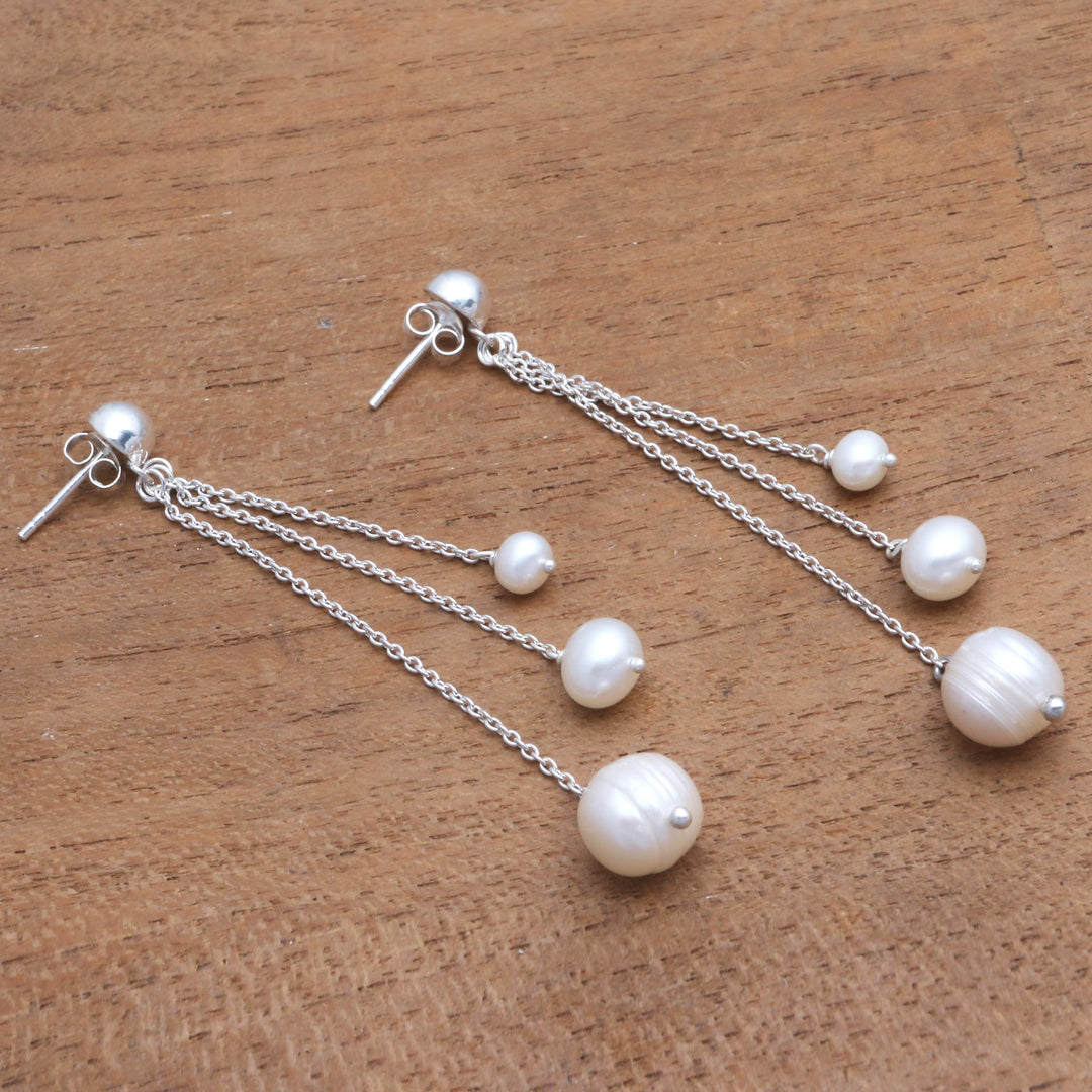 Cultured Pearl Trio Dangle Earrings from Bali - Glowing Peace