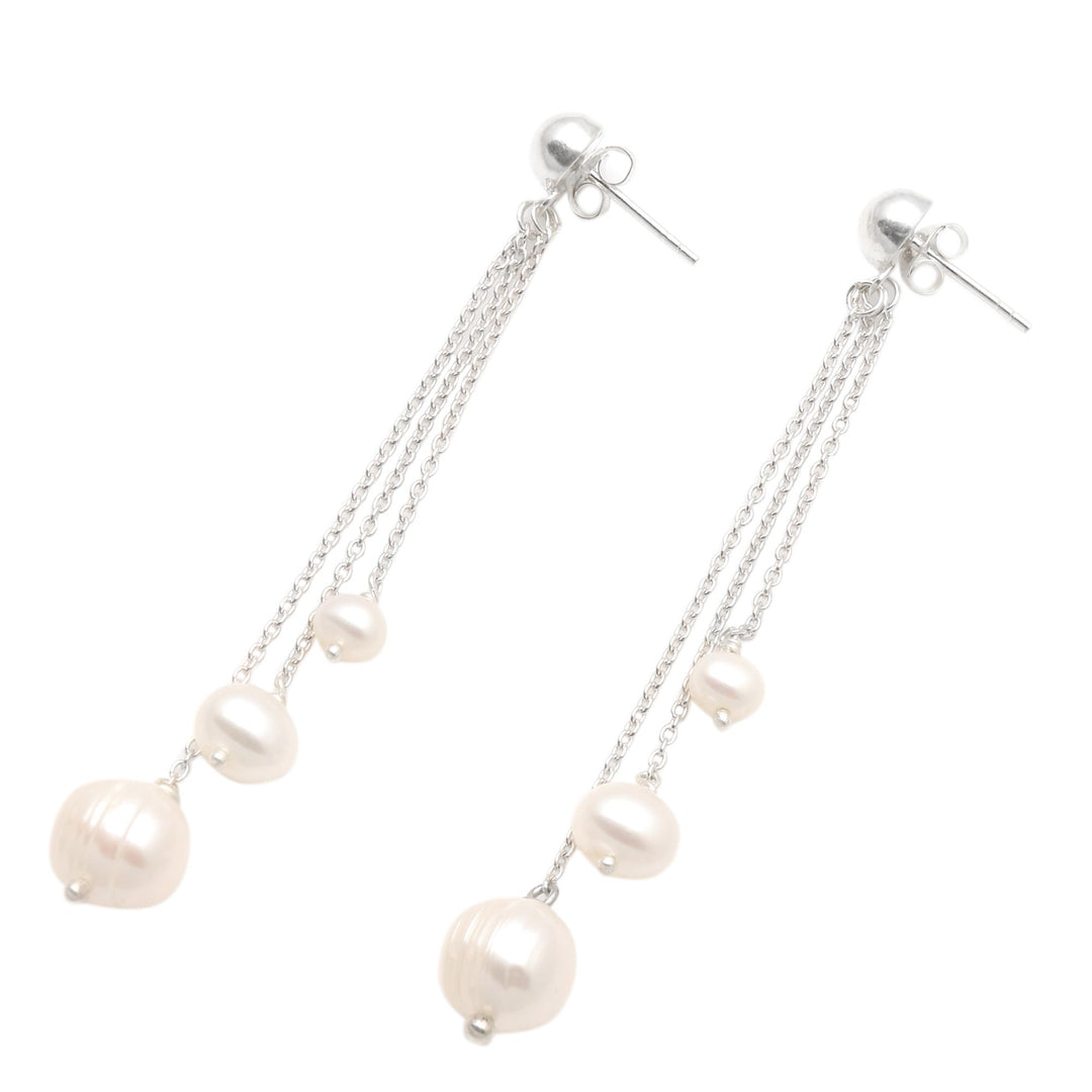 Cultured Pearl Trio Dangle Earrings from Bali - Glowing Peace