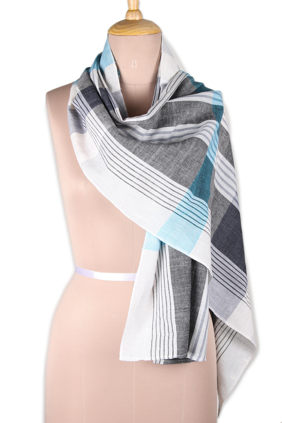 Patterned Blue and Grey Cotton Shawl from India - Blissful Combination