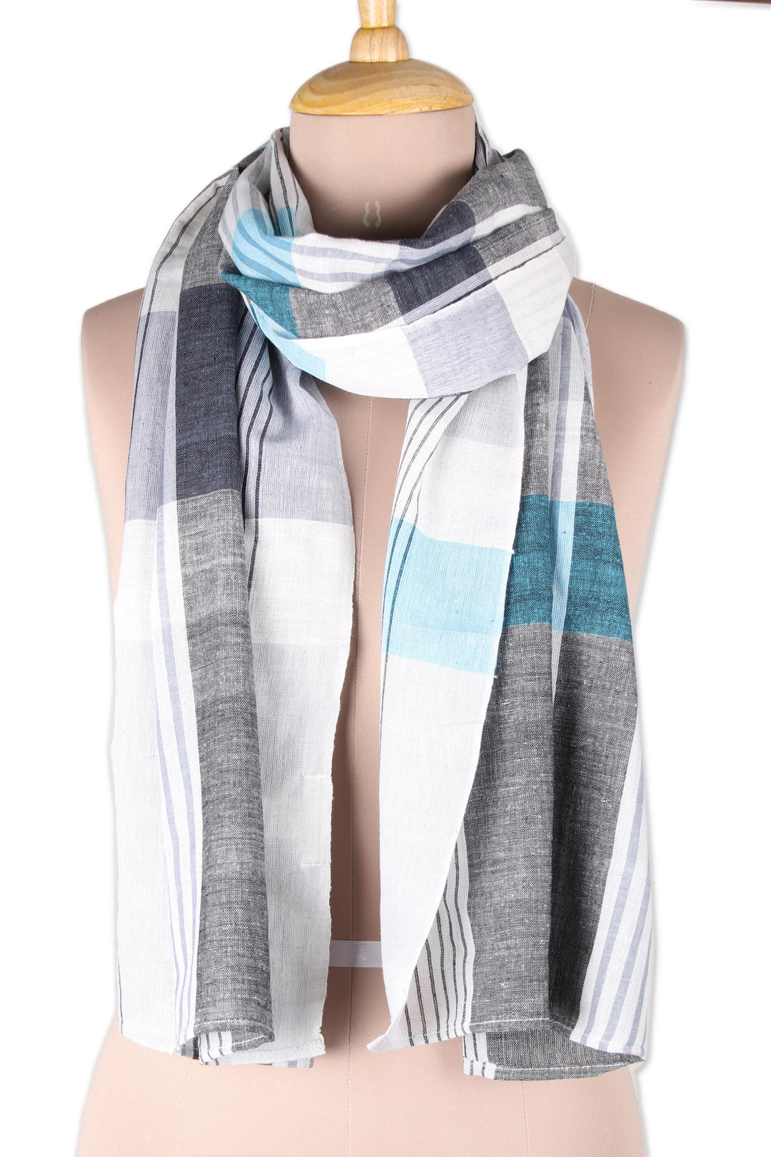 Patterned Blue and Grey Cotton Shawl from India - Blissful Combination