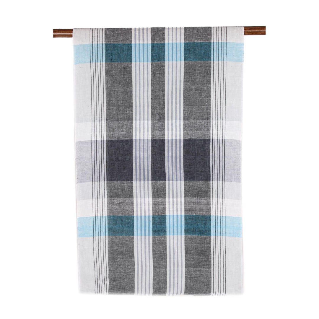 Patterned Blue and Grey Cotton Shawl from India - Blissful Combination