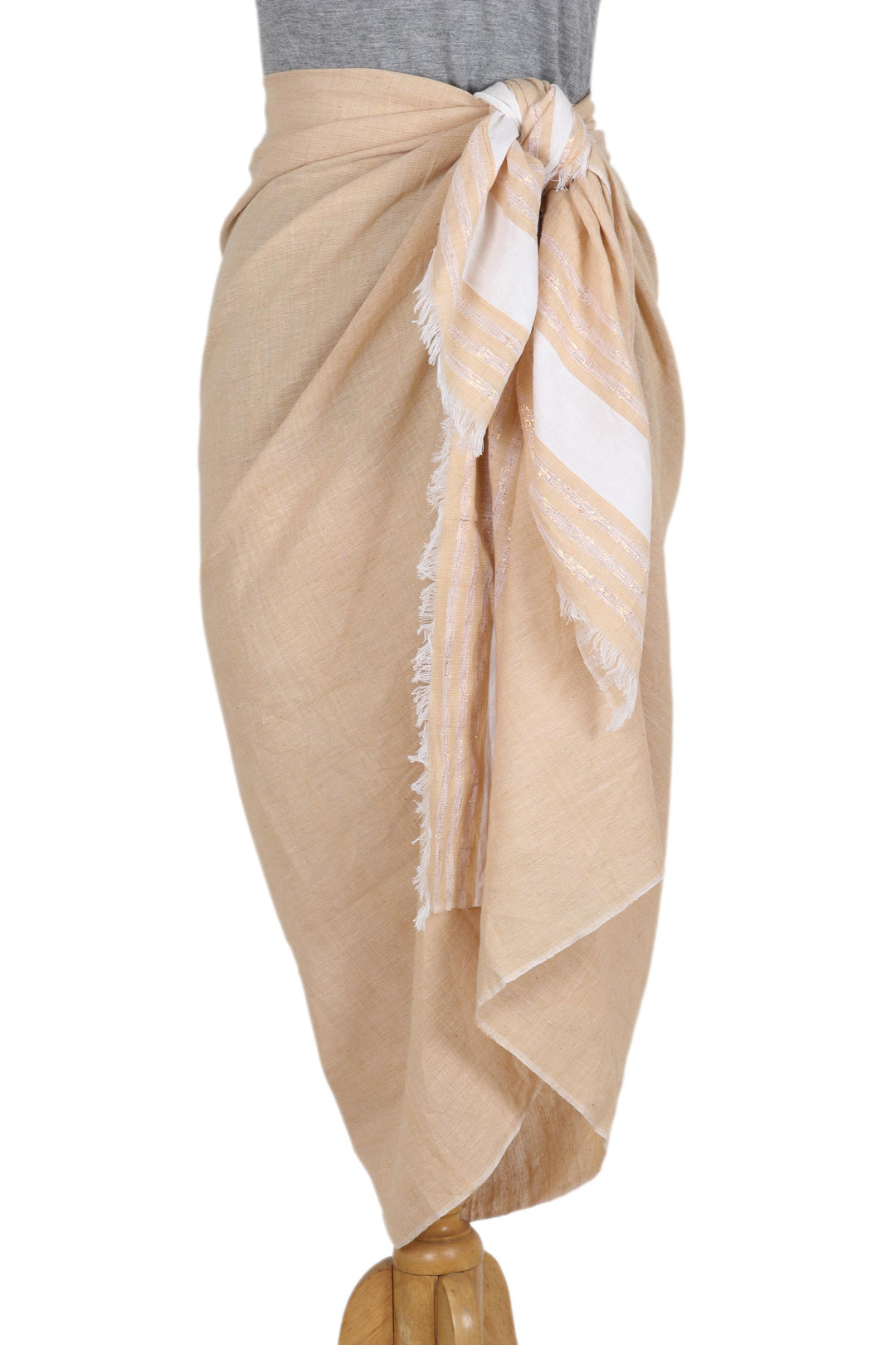 Handwoven Cotton Blend Sarong in Buff from India - Stylish Stripes in Buff