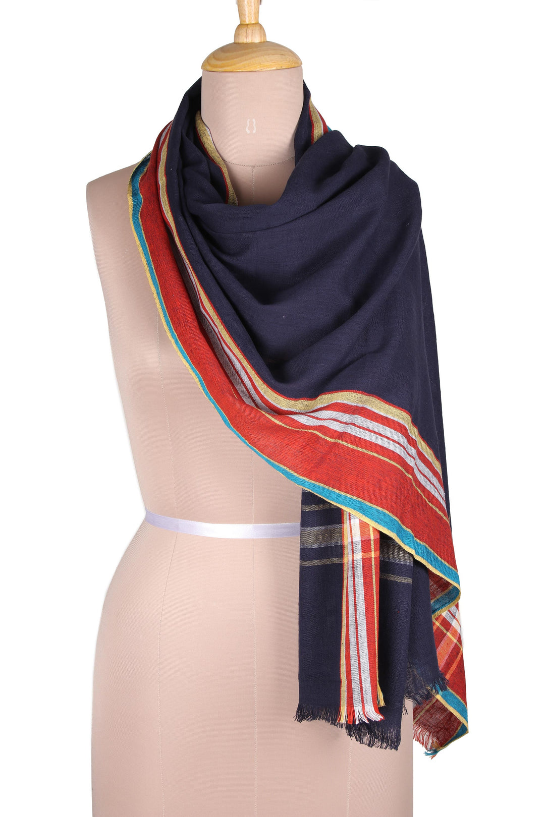 Handwoven Navy and Multicolored Cotton Shawl from India - Magical Midnight