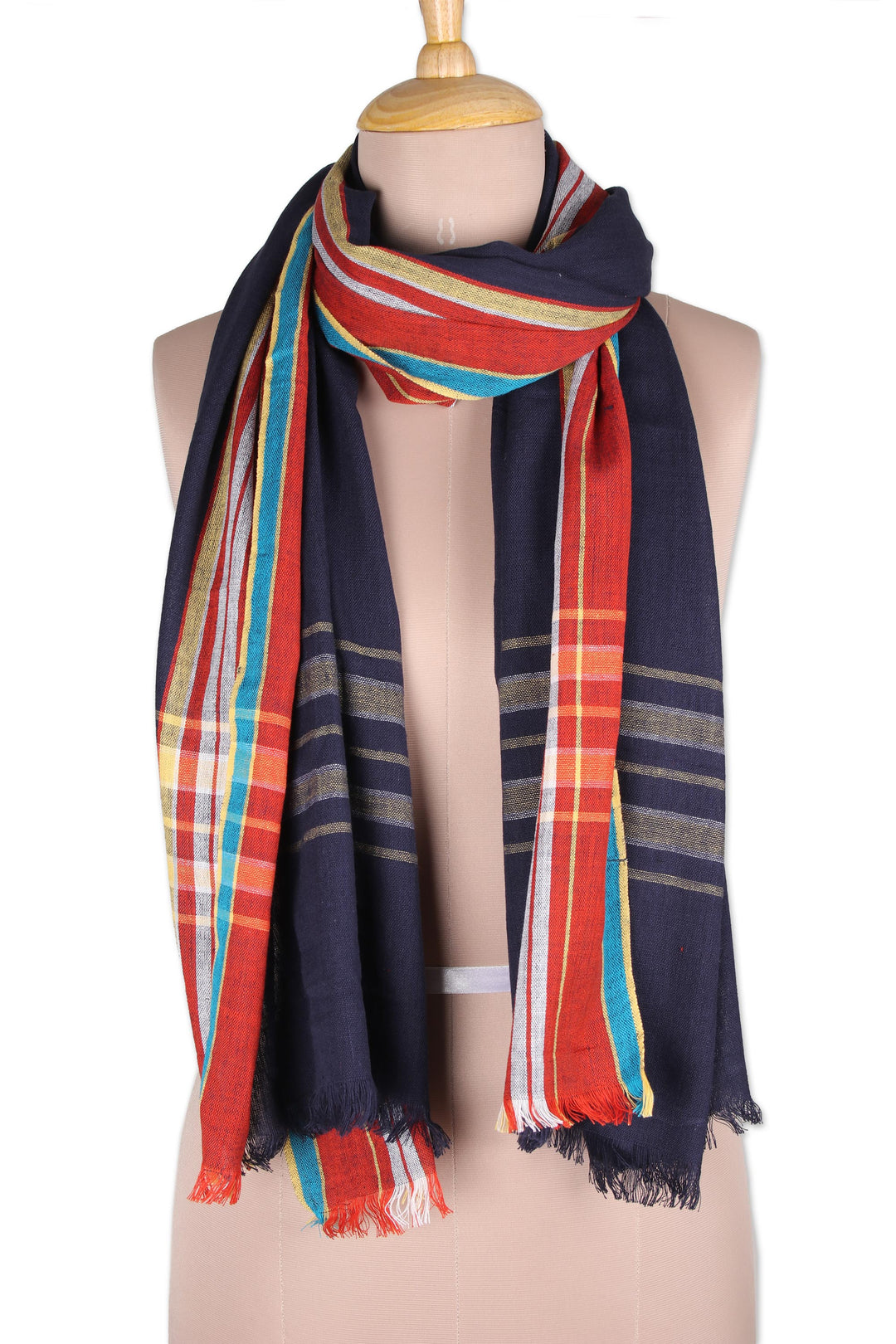 Handwoven Navy and Multicolored Cotton Shawl from India - Magical Midnight