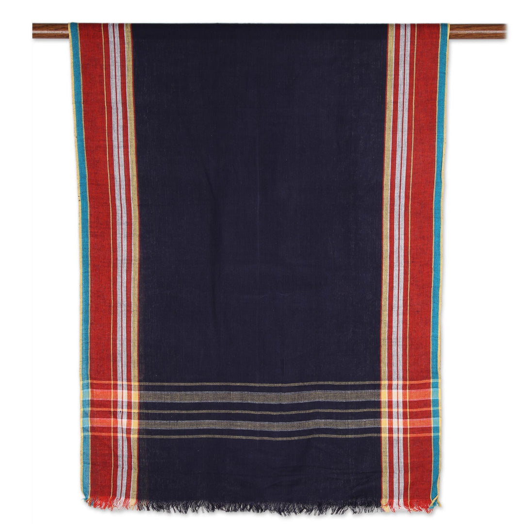 Handwoven Navy and Multicolored Cotton Shawl from India - Magical Midnight