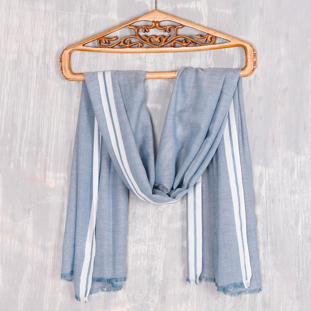 Azure Viscose Shawl with White Borders from India - Cadet Blue Saga