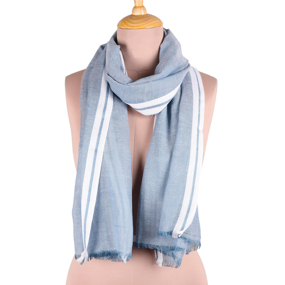 Azure Viscose Shawl with White Borders from India - Cadet Blue Saga
