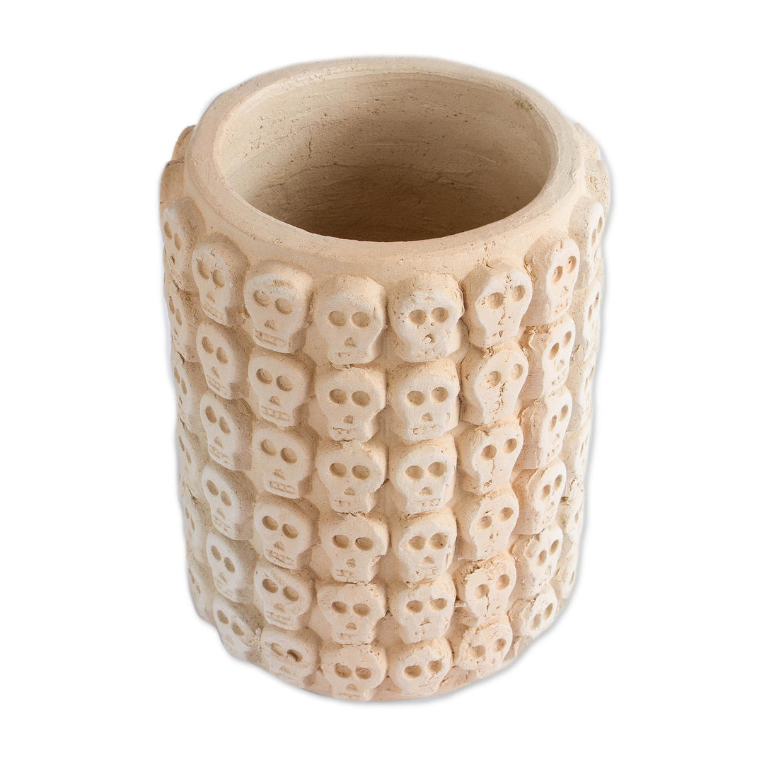 Skull Pattern Ceramic Flower Pot from Mexico - Rows of Skulls