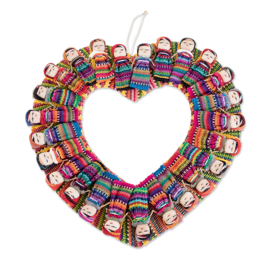 Heart-Shaped Cotton Worry Doll Wreath from Guatemala - Quitapena Love