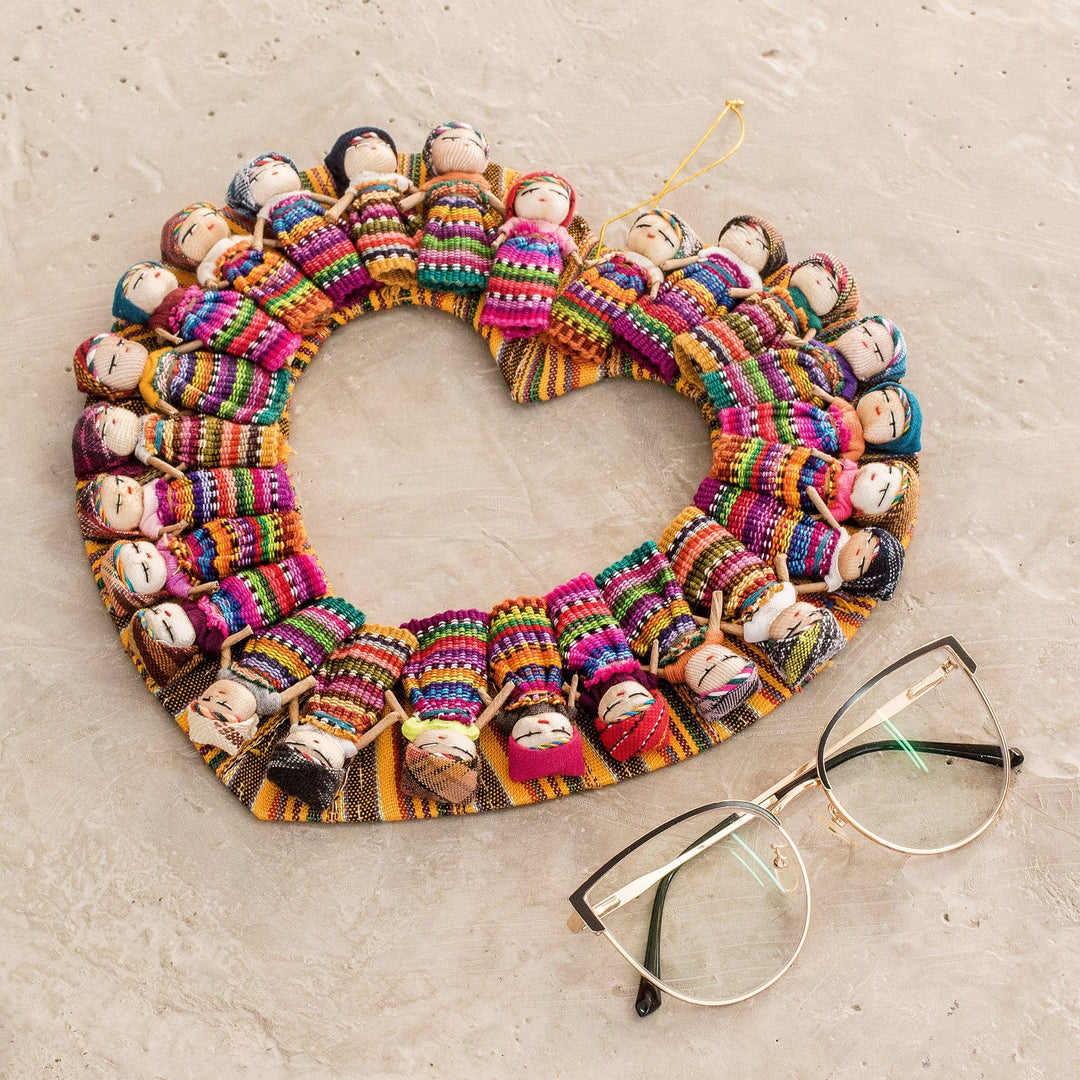 Heart-Shaped Cotton Worry Doll Wreath from Guatemala - Quitapena Love