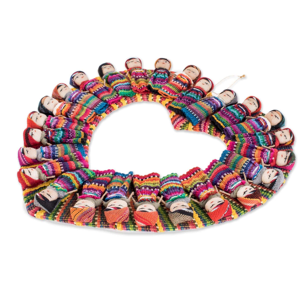 Heart-Shaped Cotton Worry Doll Wreath from Guatemala - Quitapena Love