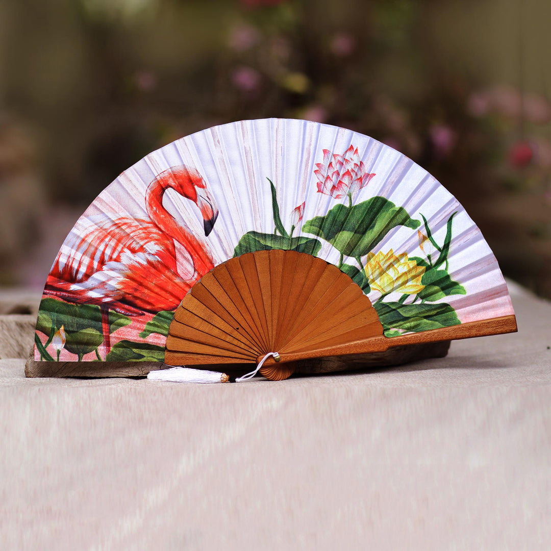Flamingo-Themes Silk Hand Fan from Bali - Cream Garden