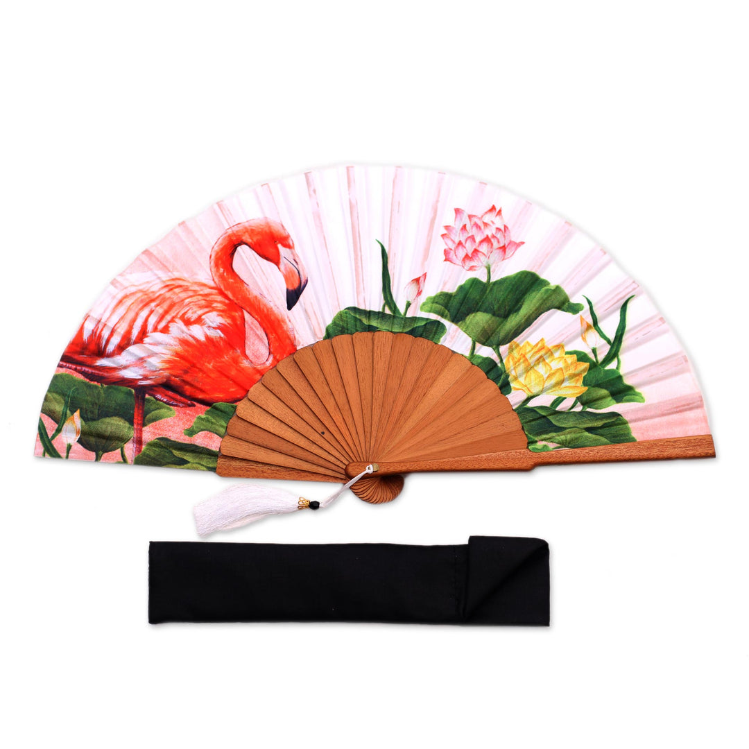 Flamingo-Themes Silk Hand Fan from Bali - Cream Garden