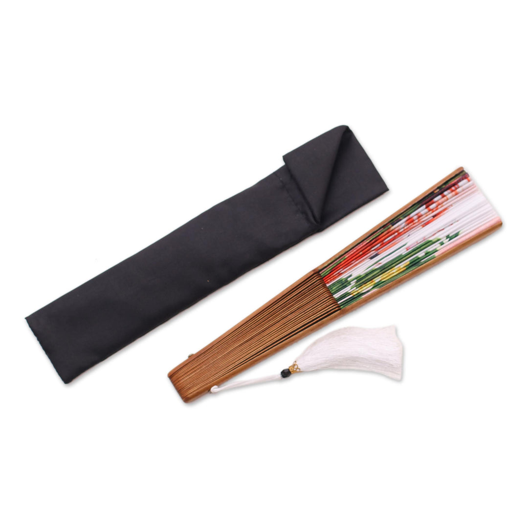 Flamingo-Themes Silk Hand Fan from Bali - Cream Garden